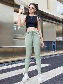 SHEIN Quần jean dây kéo cô gái tuổi teen - Màu xanh Bạc hà - Xem 4