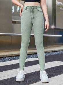 SHEIN Quần jean dây kéo cô gái tuổi teen - Màu xanh Bạc hà - Xem 3