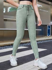 SHEIN Quần jean dây kéo cô gái tuổi teen - Màu xanh Bạc hà - Xem 6