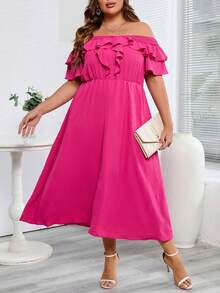 Celure 大碼一字肩荷葉邊連衣裙 - 玫紅色 - 查看 4