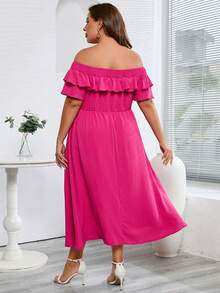 Celure 大碼一字肩荷葉邊連衣裙 - 玫紅色 - 查看 2