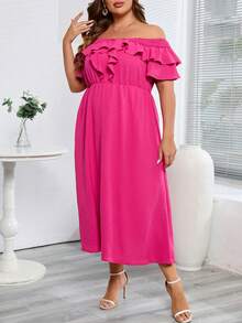 Celure 大碼一字肩荷葉邊連衣裙 - 玫紅色 - 查看 5