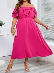 Celure 大碼一字肩荷葉邊連衣裙 - 玫紅色 - 查看 1