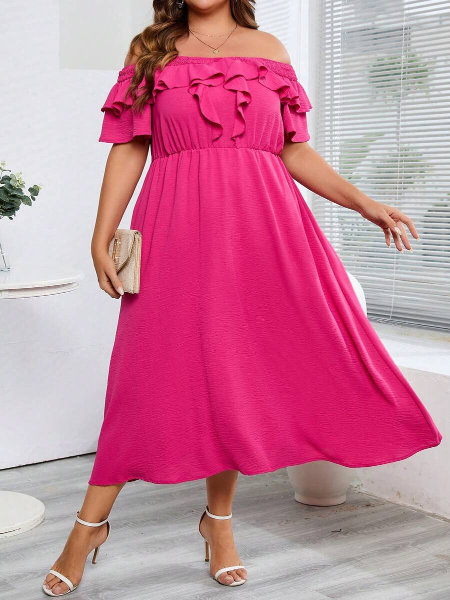 Celure 大碼一字肩荷葉邊連衣裙 - 玫紅色 - 查看 1