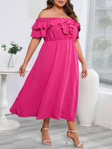 Celure 大碼一字肩荷葉邊連衣裙 - 玫紅色 - 查看 6