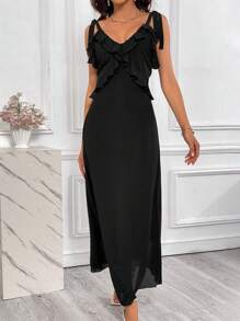 SHEIN Privé Viền Ruffle Cà vạt vai Váy Dây - màu đen - Xem 1