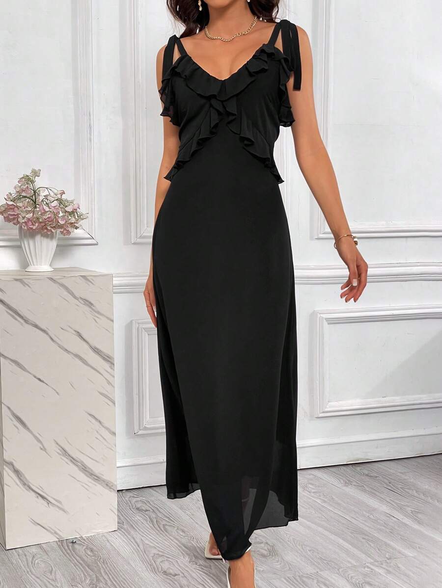 SHEIN Privé Viền Ruffle Cà vạt vai Váy Dây - màu đen - Xem 1