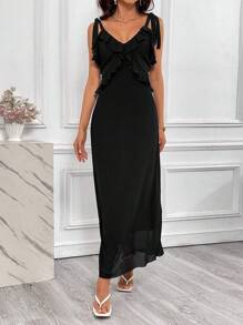 SHEIN Privé Viền Ruffle Cà vạt vai Váy Dây - màu đen - Xem 3