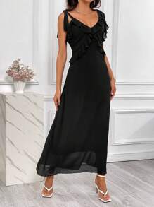 SHEIN Privé Viền Ruffle Cà vạt vai Váy Dây - màu đen - Xem 5