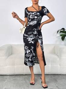 SHEIN Privé 植物圖案抽繩高衩連衣裙 - 黑色 - 查看 1