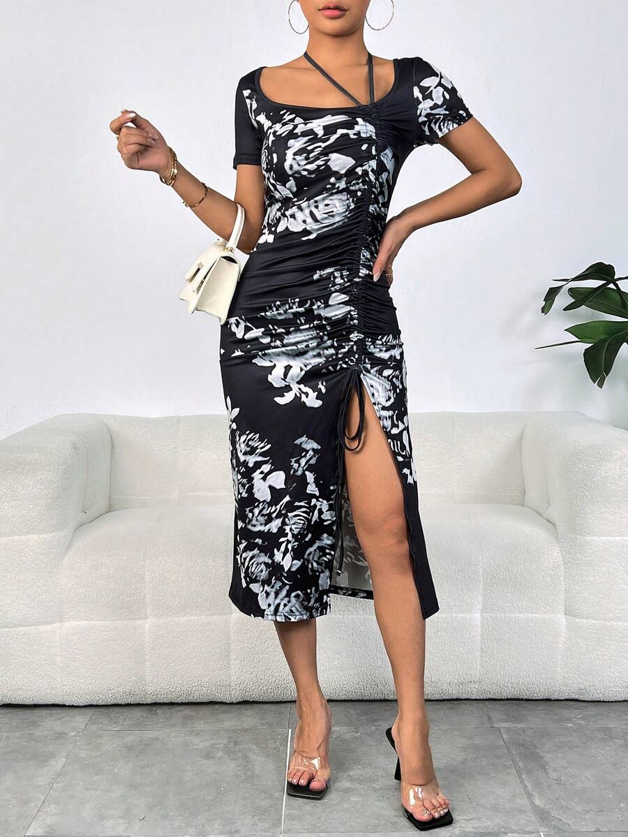 SHEIN Privé 植物圖案抽繩高衩連衣裙 - 黑色 - 查看 1