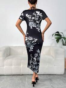 SHEIN Privé 植物圖案抽繩高衩連衣裙 - 黑色 - 查看 2