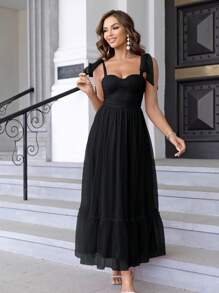 Joyfunear Đầm lưới buộc dây vai, viền bèo nhún, đầm bán formal màu đen thanh lịch mùa hè. - màu đen - Xem 3