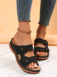 女士貼花裝飾坡跟涼鞋,時尚夏天涼鞋 - 黑色 - 查看 1