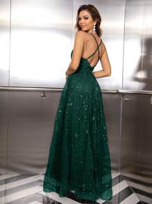 Elisanya Đầm hai dây xẻ đùi cổ sâu, váy dạ hội trang trọng thanh lịch cho khách dự tiệc cưới, tốt nghiệp, váy dự tiệc tối - Màu xanh lá cây đậm - Xem 2