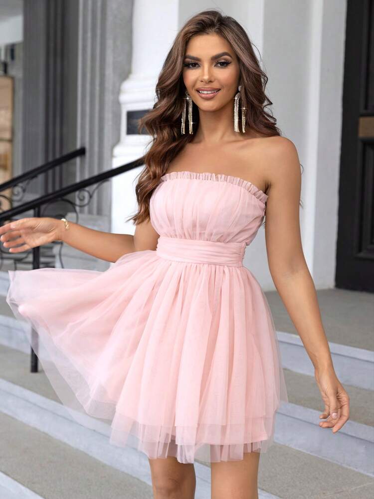 Joyfunear Frill Trim Mesh Tube Dress Pink Summer Party Elegant | SHEIN EUR