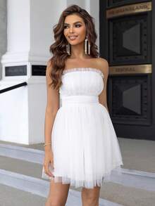 Joyfunear Frill Trim Mesh Tube Dress - White - View 3