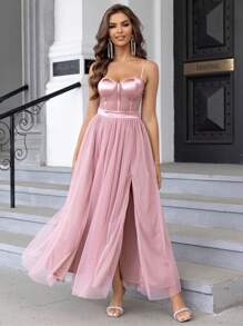 Joyfunear Split Thigh Mesh Cami Dress - Dusty Pink - View 1