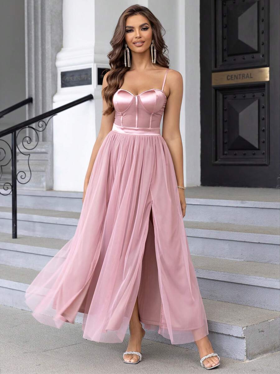 Joyfunear Split Thigh Mesh Cami Dress - Dusty Pink - View 1