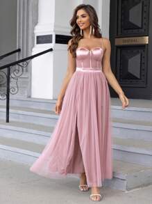 Joyfunear Split Thigh Mesh Cami Dress - Dusty Pink - View 3