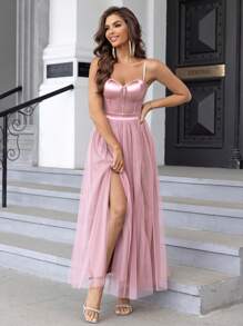 Joyfunear Split Thigh Mesh Cami Dress - Dusty Pink - View 6