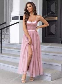 Joyfunear Vestido de tirantes de muslo con abertura de malla