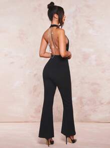 SHEIN BAE Chain Detail Backless Flare Leg Jumpsuit - Black - View 3