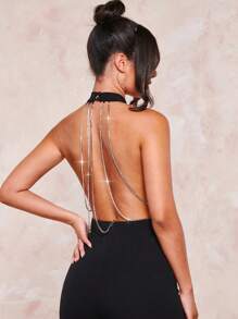 SHEIN BAE Chain Detail Backless Flare Leg Jumpsuit - Black - View 2