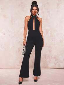 SHEIN BAE Chain Detail Backless Flare Leg Jumpsuit - Black - View 4
