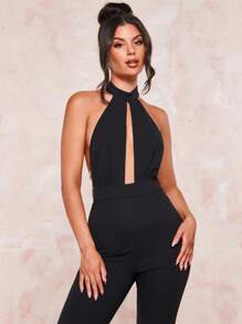 SHEIN BAE Chain Detail Backless Flare Leg Jumpsuit - Black - View 6