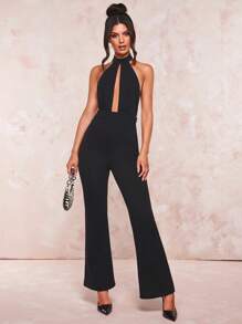 SHEIN BAE Chain Detail Backless Flare Leg Jumpsuit - Black - View 7