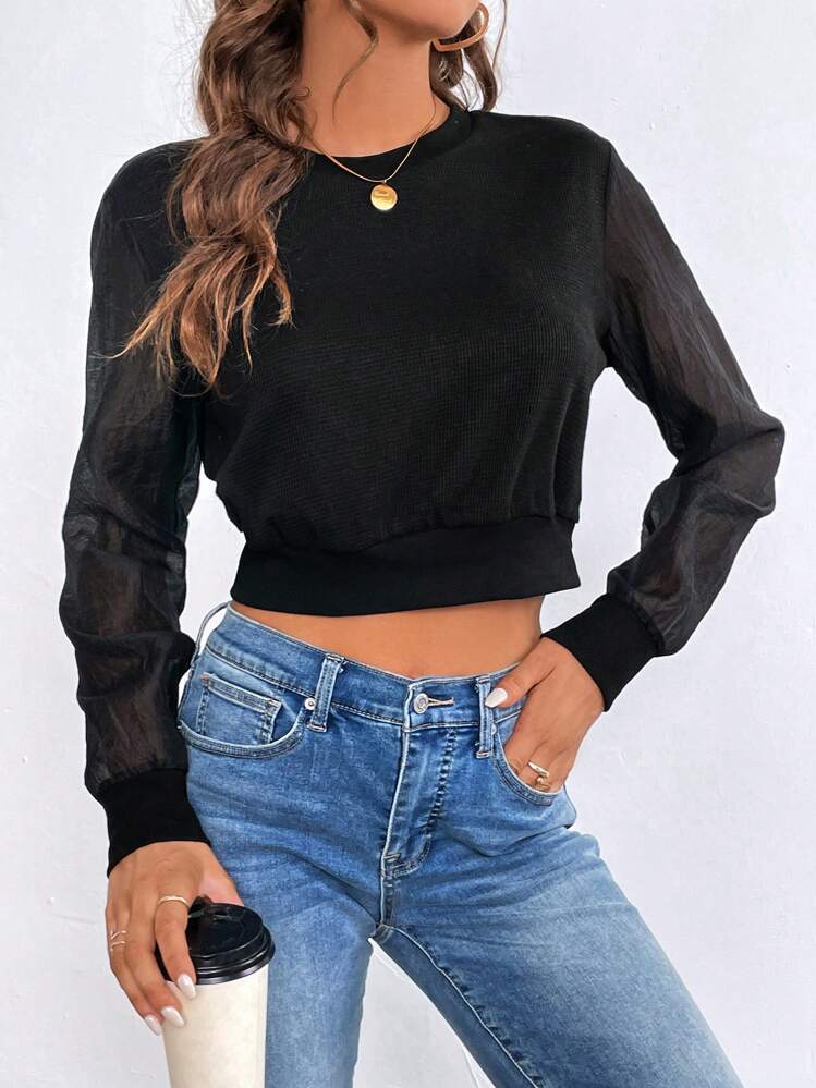 SHEIN Essnce Contrast Mesh Sleeve Crop Top - Black - View 6
