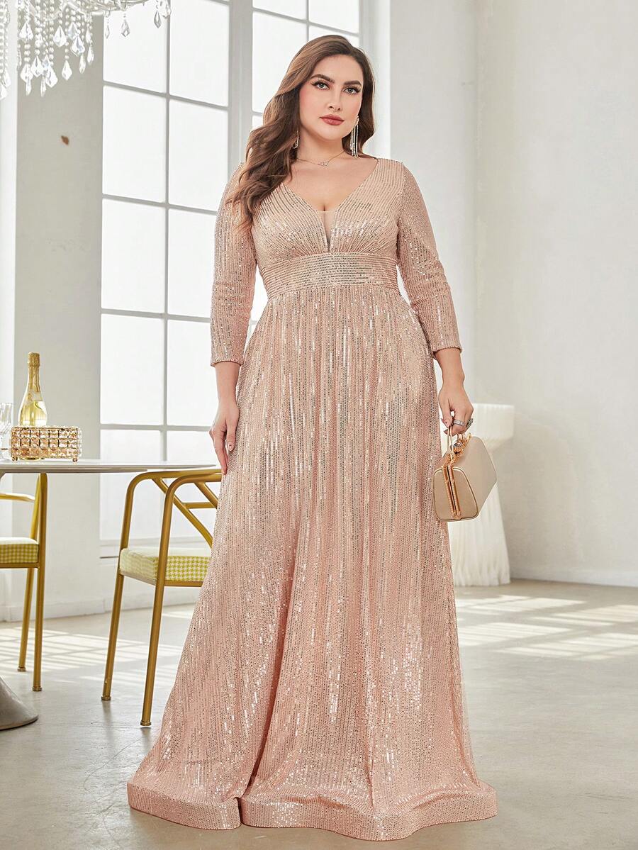 XUIBOL Plus Plunging Neck Sequin Party Dress Elegant Formal Evening Prom Wedding Guest Gown, For Graduation, Dinner - Champagne - View 1