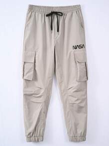 Manfinity Homme 男士字母圖案側翻蓋口袋腰部抽繩工裝褲 - 卡其色 - 查看 4