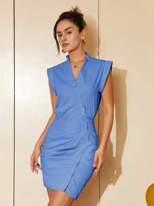 Solid Button Front Dress - Royal Blue - View 7