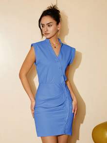 Solid Button Front Dress - Royal Blue - View 8