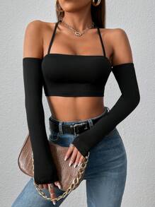 SHEIN PETITE 繞頸露背短款上衣 - 黑色 - 查看 1