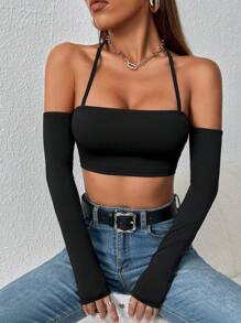 SHEIN PETITE 繞頸露背短款上衣 - 黑色 - 查看 4