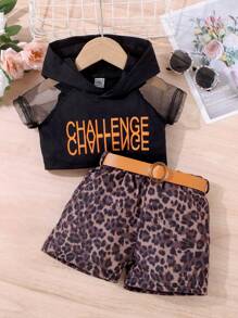 SHEIN 嬰兒字母圖案拼接插肩袖連帽T恤和豹紋印花短褲 - 彩色 - 查看 1
