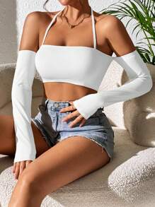 SHEIN PETITE 素色露背繞頸短上衣 - 白色 - 查看 1