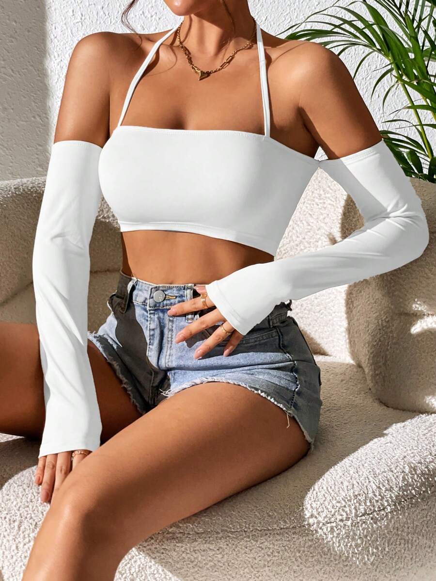 SHEIN PETITE 素色露背繞頸短上衣 - 白色 - 查看 1