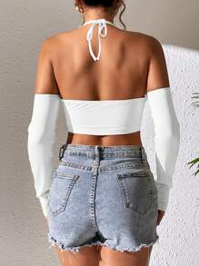 SHEIN PETITE 素色露背繞頸短上衣 - 白色 - 查看 2