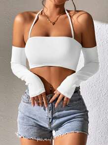 SHEIN PETITE 素色露背繞頸短上衣 - 白色 - 查看 3