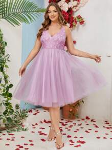 Plus Size Elegant Lace Contrast Mesh Formal Dress - Dusty Purple - View 1