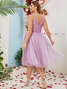 Plus Size Elegant Lace Contrast Mesh Formal Dress - Dusty Purple - View 2