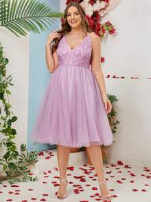 Plus Size Elegant Lace Contrast Mesh Formal Dress - Dusty Purple - View 3