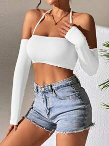 SHEIN PETITE 素色露背繞頸短上衣 - 白色 - 查看 5