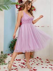 Plus Size Elegant Lace Contrast Mesh Formal Dress - Dusty Purple - View 4