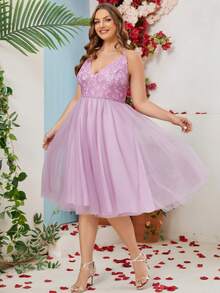 Plus Size Elegant Lace Contrast Mesh Formal Dress - Dusty Purple - View 5