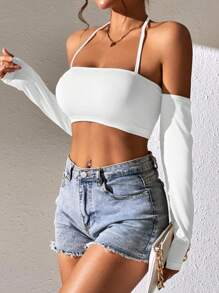 SHEIN PETITE 素色露背繞頸短上衣 - 白色 - 查看 6